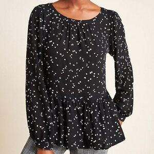 Maeve by Anthropologie Cheyenne Peplum Blouse Flare Spotted Black White